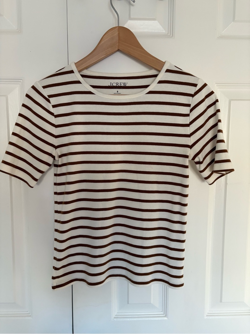 J. Crew Cream and Brown Striped Short Sleeve Tee
